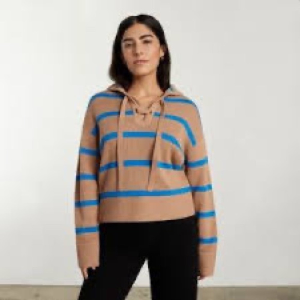 Striped Lace-Up Hoodie Sweater in Camel and Blue